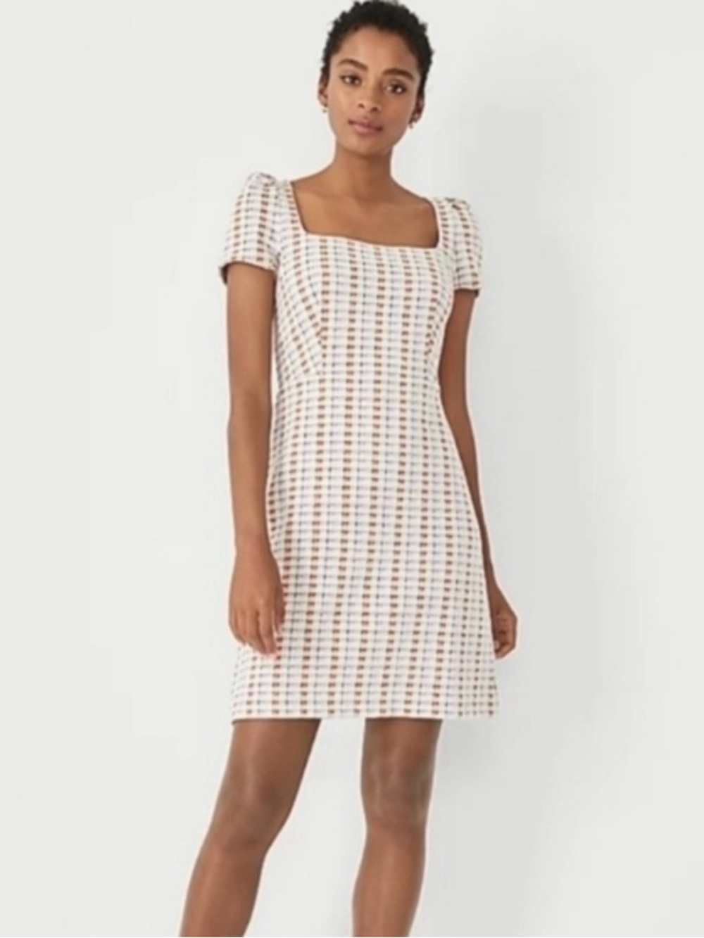 Plaid square neck cap sleeved preppy sheath dress 2p - Picture 2 of 10